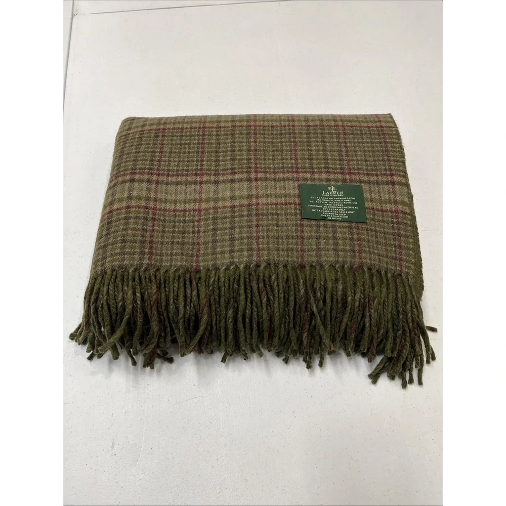 Vintage Lauren Ralph Lauren Green Plaid Wool Alpaca Blend Blanket Throw Fringe